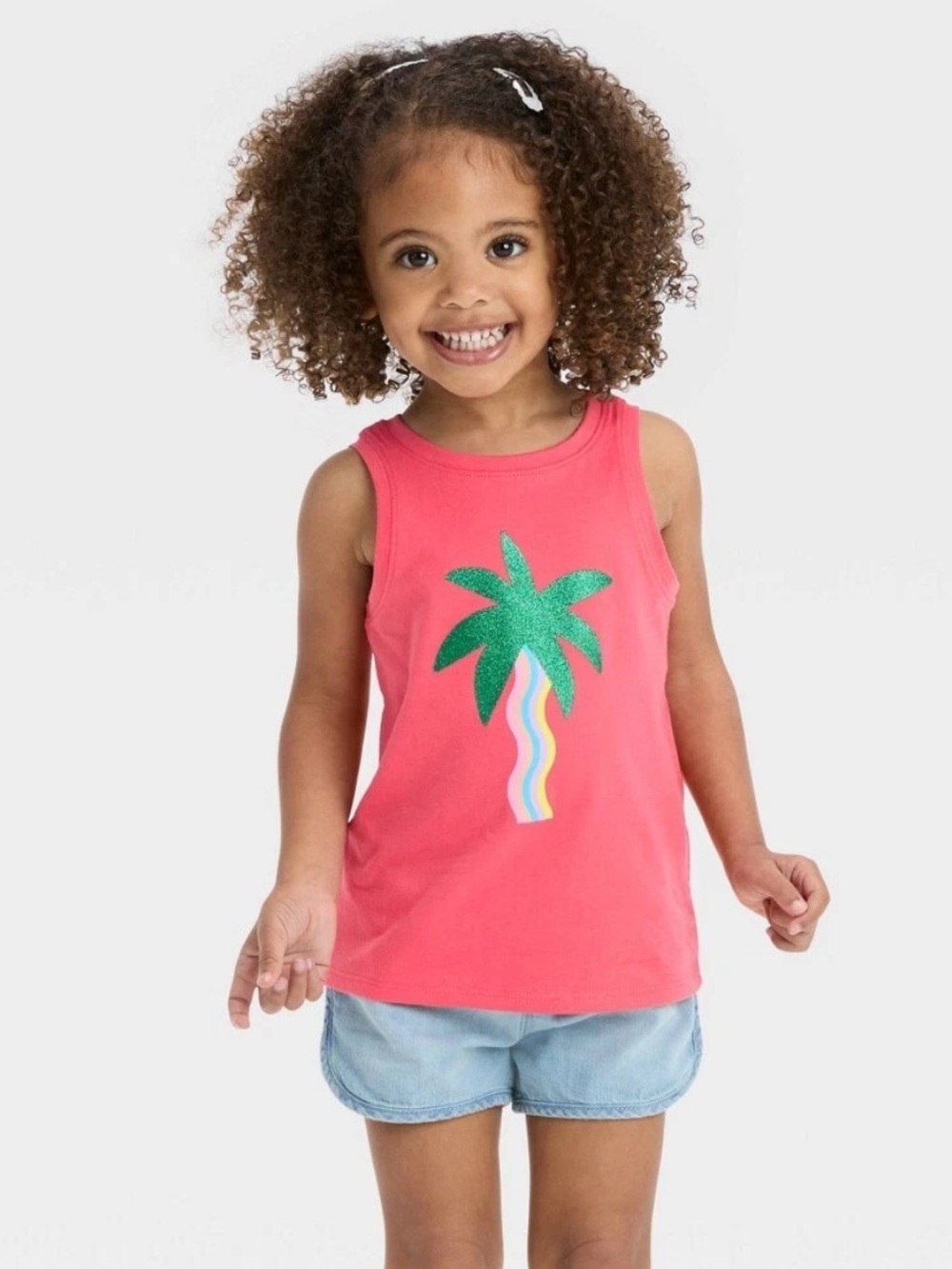 Cat & Jack Girls Size‎ 18 Months Tank Top Palm Tree Green Glitter Rainbow Trunk